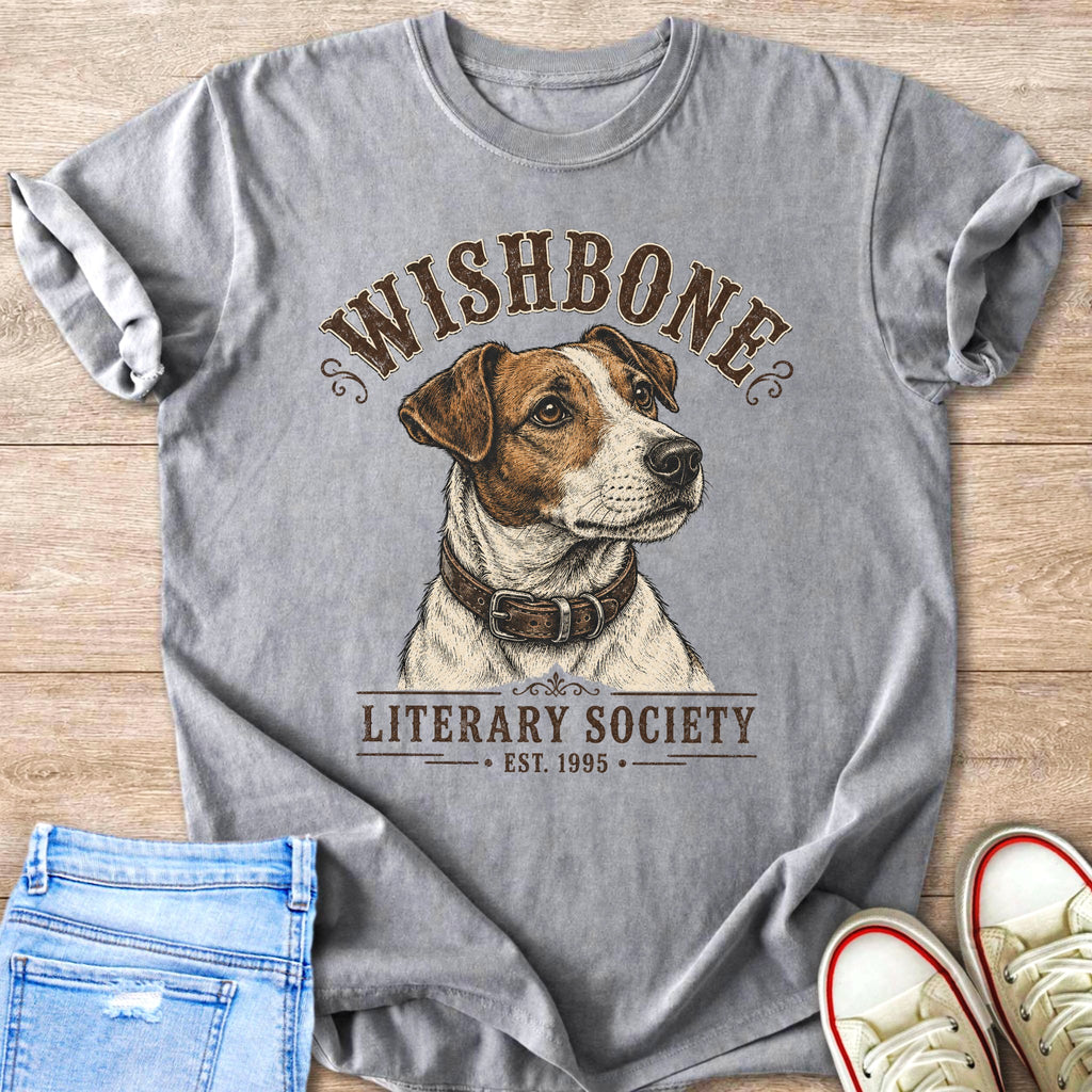 Gray t-shirt with a vintage illustration of a dog and "Wishbone Literary Society Est. 1995" text.