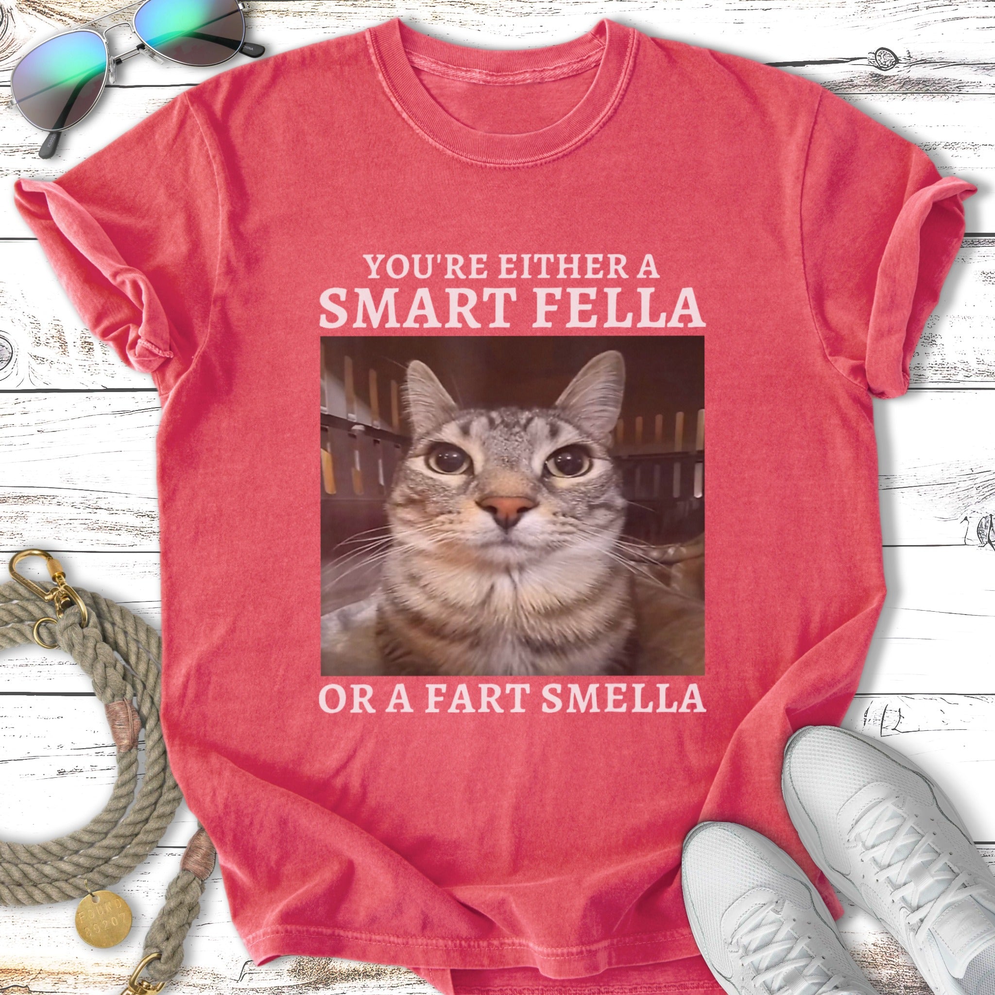 Red t-shirt with a cat's face and text "You're either a smart fella or a fart smella".