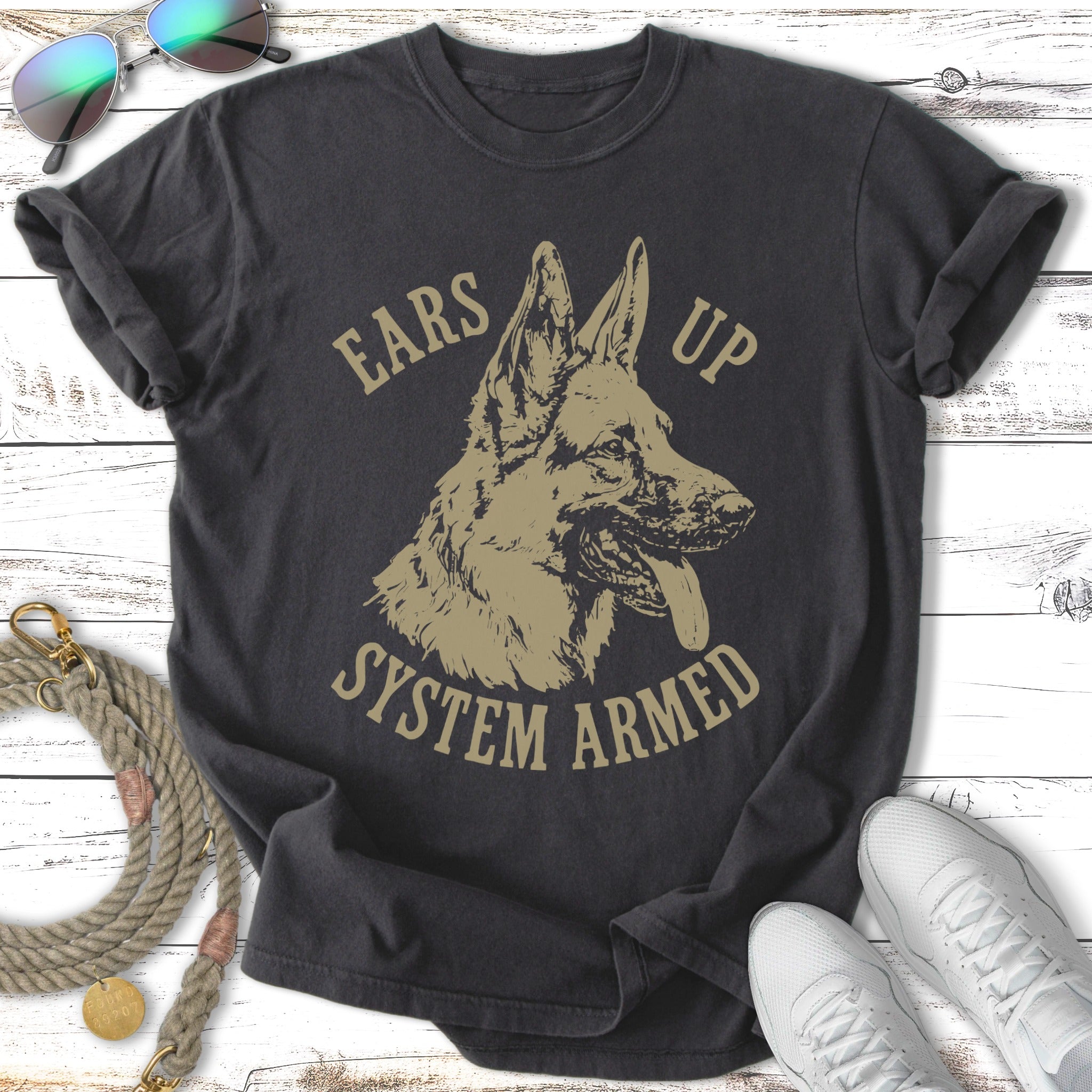 German Shepherd head with "ears up system armed" text.