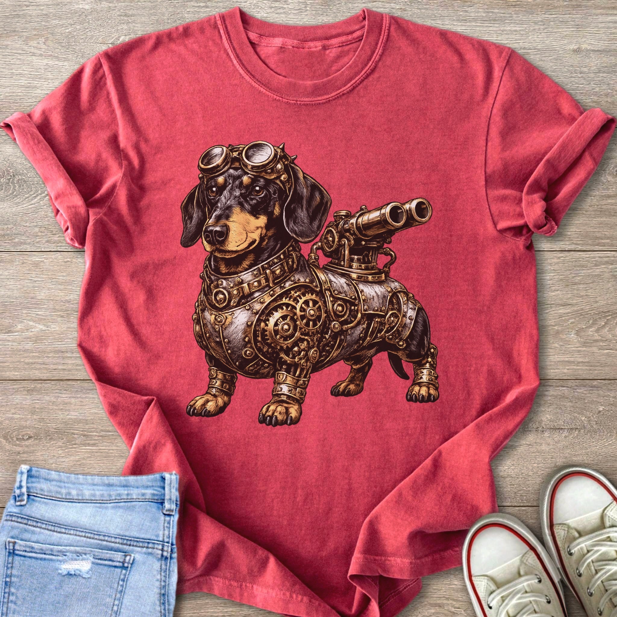 Dachshund in steampunk gear on a red t-shirt, with jeans and sneakers.