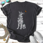 T-shirt with a German Shepherd looking at a butterfly.
