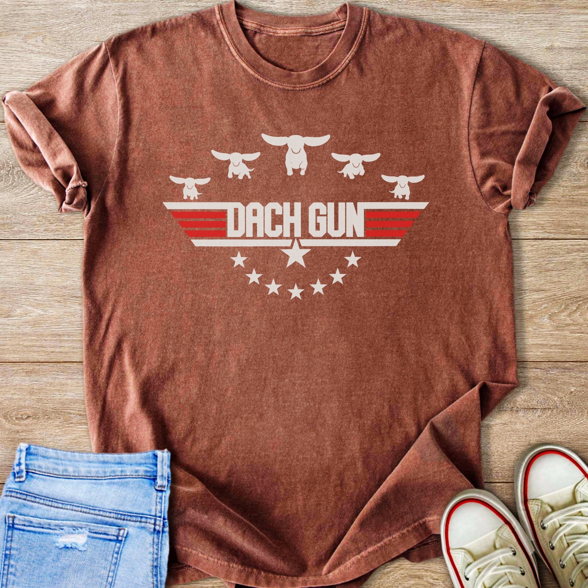 Rusty brown t-shirt with "DACH GUN" text and dachshund silhouettes.