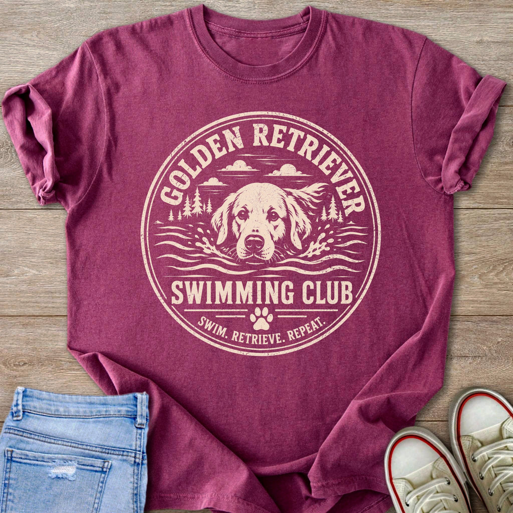 Crimson t-shirt with "Golden Retriever Swimming Club" design featuring a dog swimming.