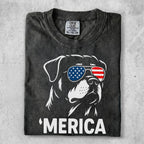 Rottweiler wearing American flag sunglasses, text 'MERICA below.