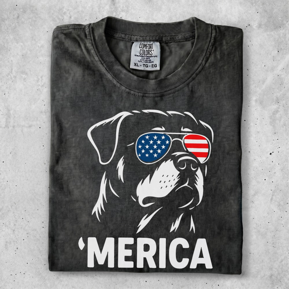 Rottweiler wearing American flag sunglasses, text 'MERICA below.