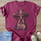 Boston terrier wearing a cowboy hat drinks from a cup on a magenta t-shirt.