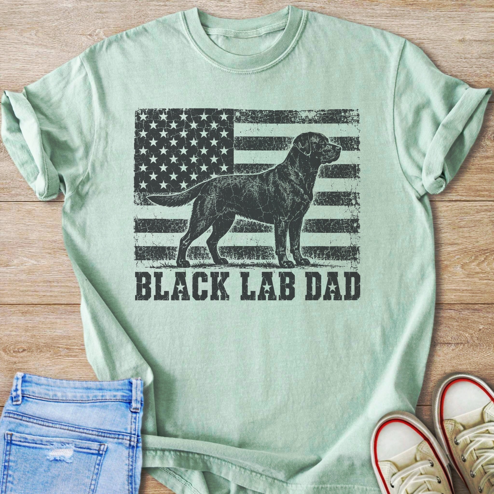 Light green t-shirt with black lab and American flag graphic and text "BLACK LAB DAD".
