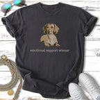 Dark t-shirt with a dachshund graphic and "emotional support wiener" text.