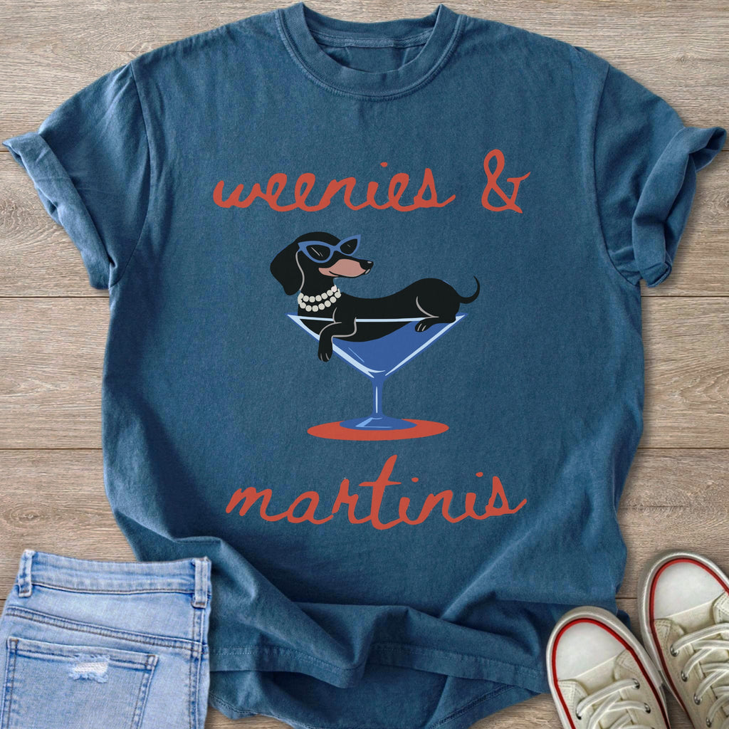 Dachshund in sunglasses relaxing in martini glass, text "weenies & martinis"