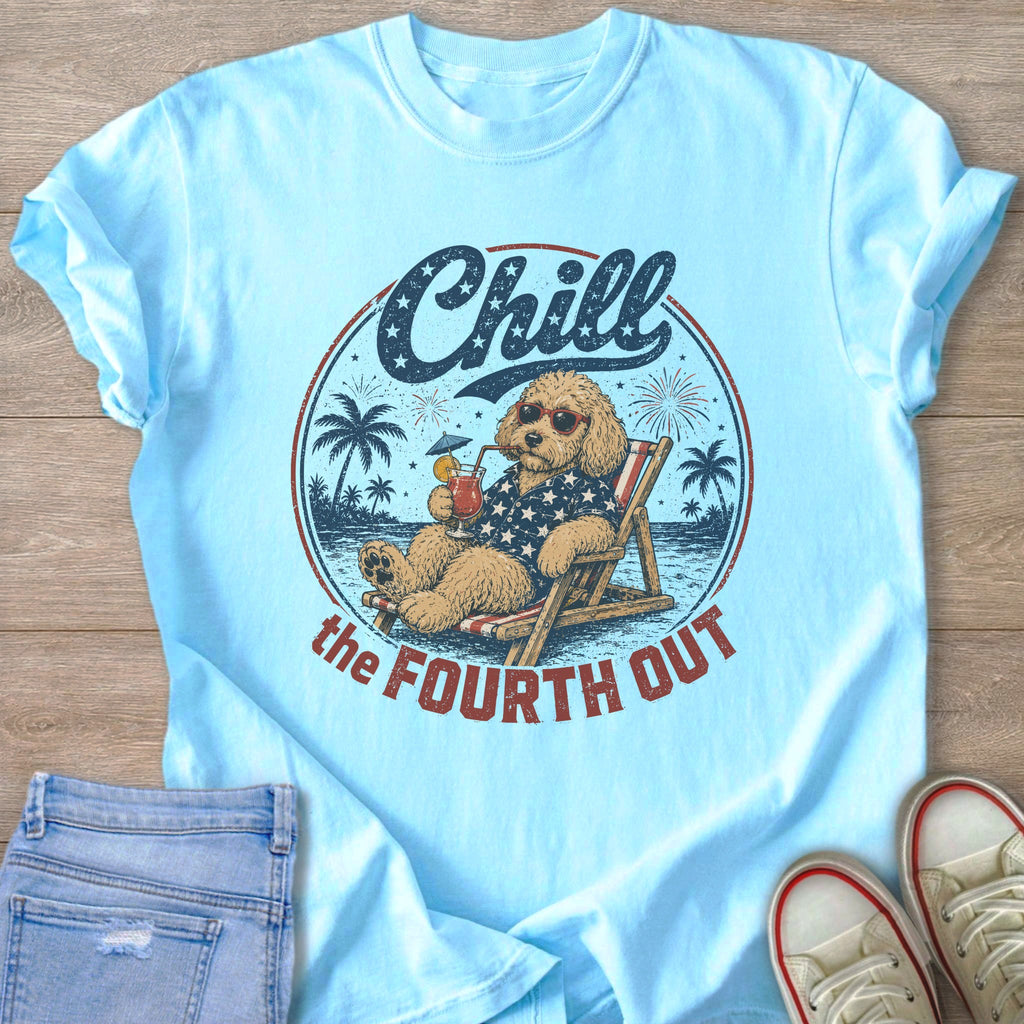 Light blue t-shirt with graphic of dog saying "Chill the Fourth Out"