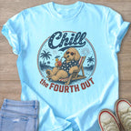 Light blue t-shirt with graphic of dog saying "Chill the Fourth Out"
