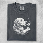Golden Retriever sniffing a dandelion with seeds blowing in the wind.