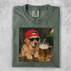 Golden retriever wearing sunglasses and a red cap pours beer into a mug.