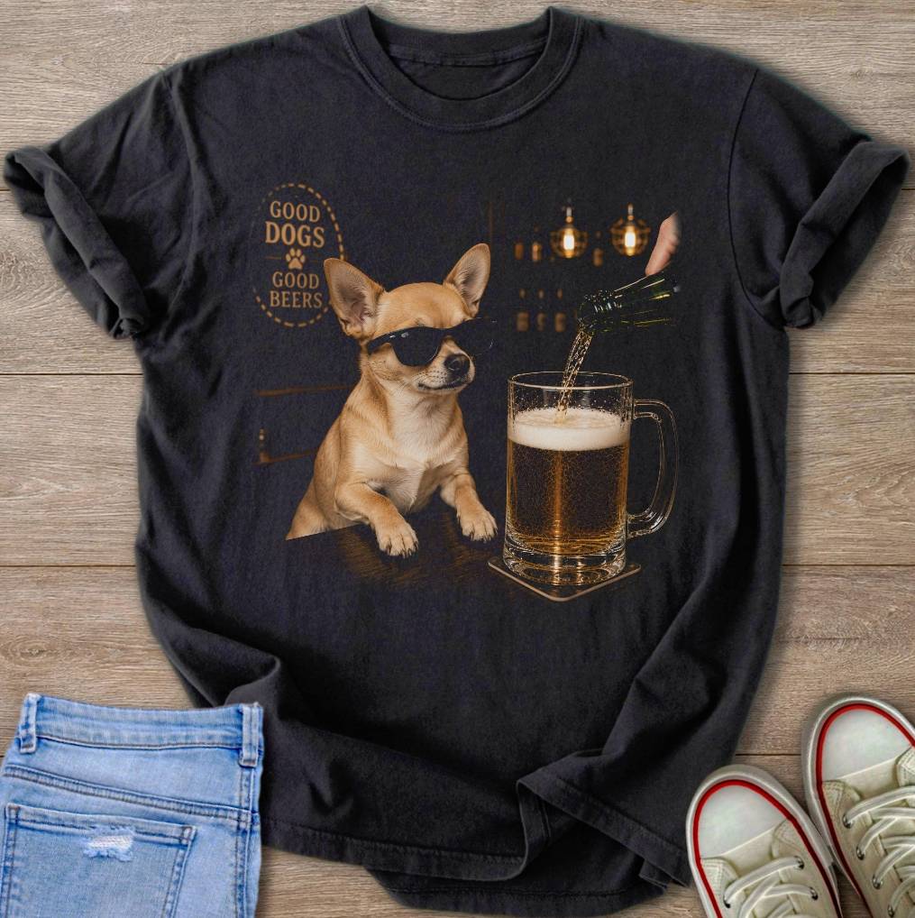 Chihuahua wearing sunglasses at a bar being poured a beer, "Good Dogs Good Beers" text.
