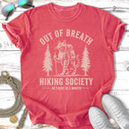 Red t-shirt with "Out of Breath Hiking Society" text and a cat hiking.