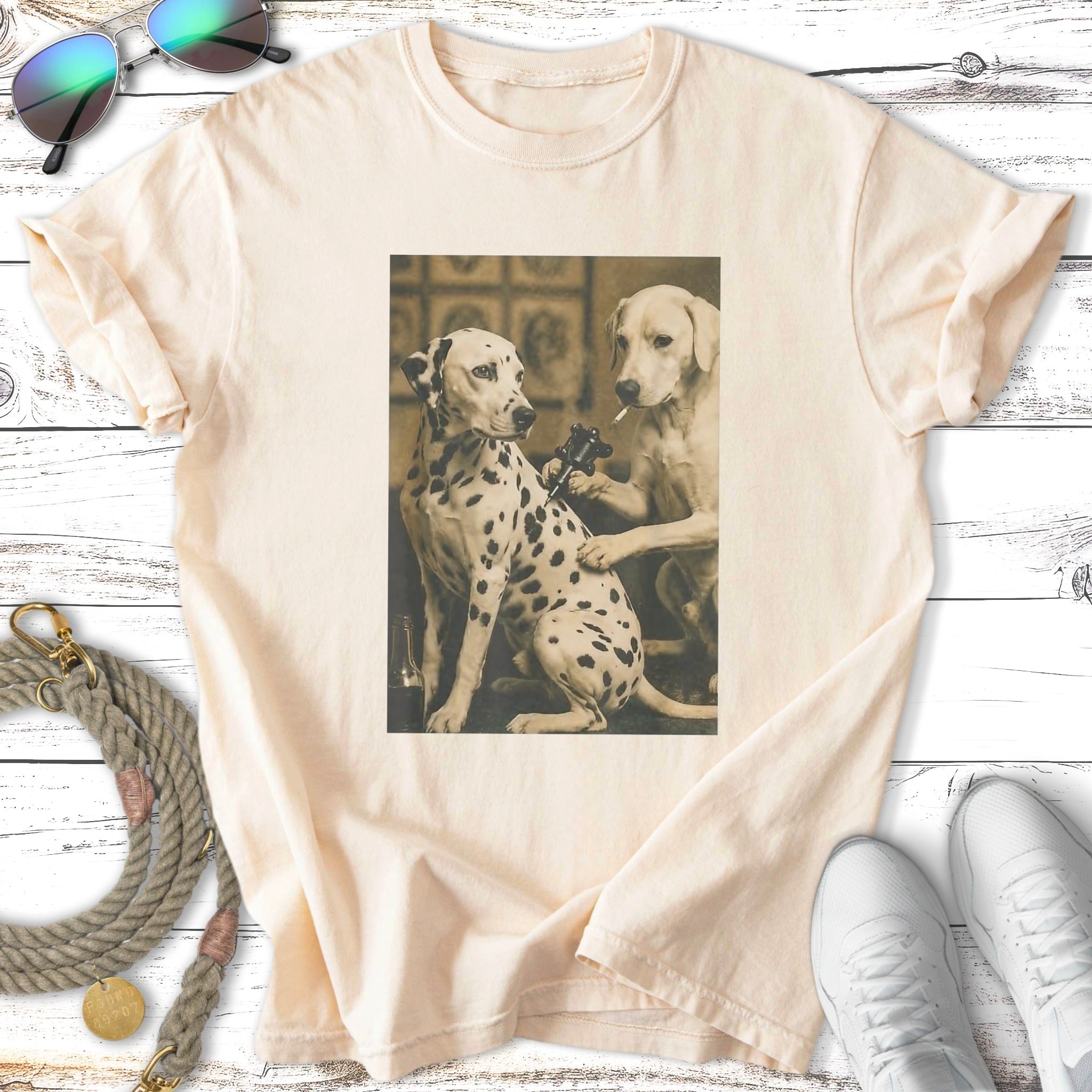 Dalmatian dog getting a tattoo from another dog, vintage style.