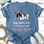 Blue t-shirt with a sleeping French bulldog and "Happy Mother's Day! I WOOF YOU!" text.