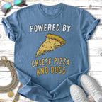 Blue t-shirt with text "POWERED BY CHEESE PIZZA AND DOGS" and pizza graphic.