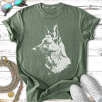 Green t-shirt with a white graphic of a German Shepherd's head in profile.