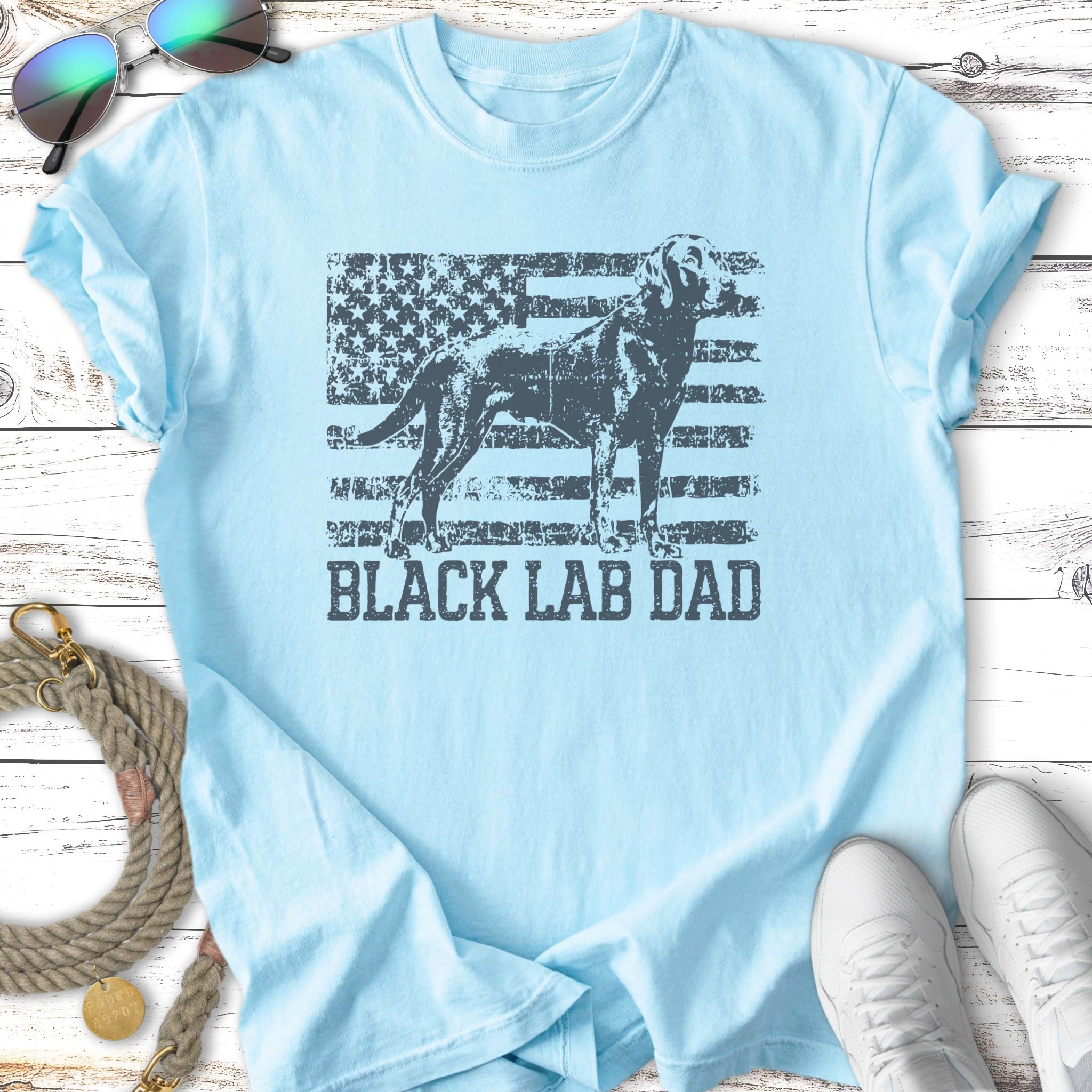 Light blue t-shirt with distressed American flag and "BLACK LAB DAD" text.