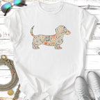 T-shirt with silhouette of dachshund filled with a floral pattern.