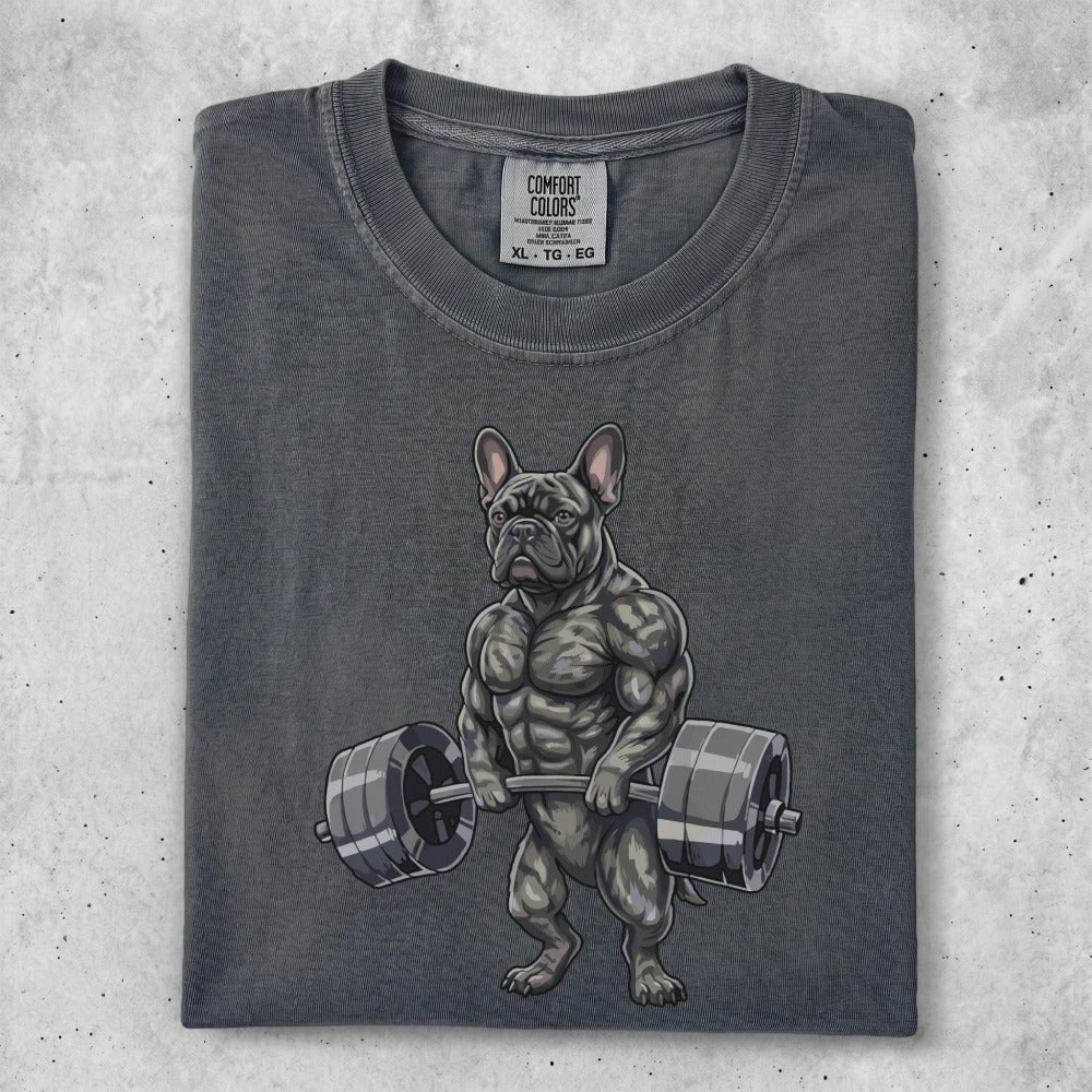 French bulldog with barbell, grey wash t-shirt.