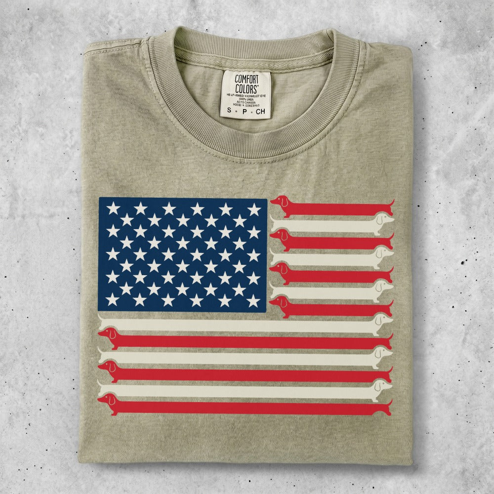 T-shirt with USA flag made of dachshunds.