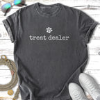 Dark gray t-shirt with "treat dealer" and a paw print graphic.