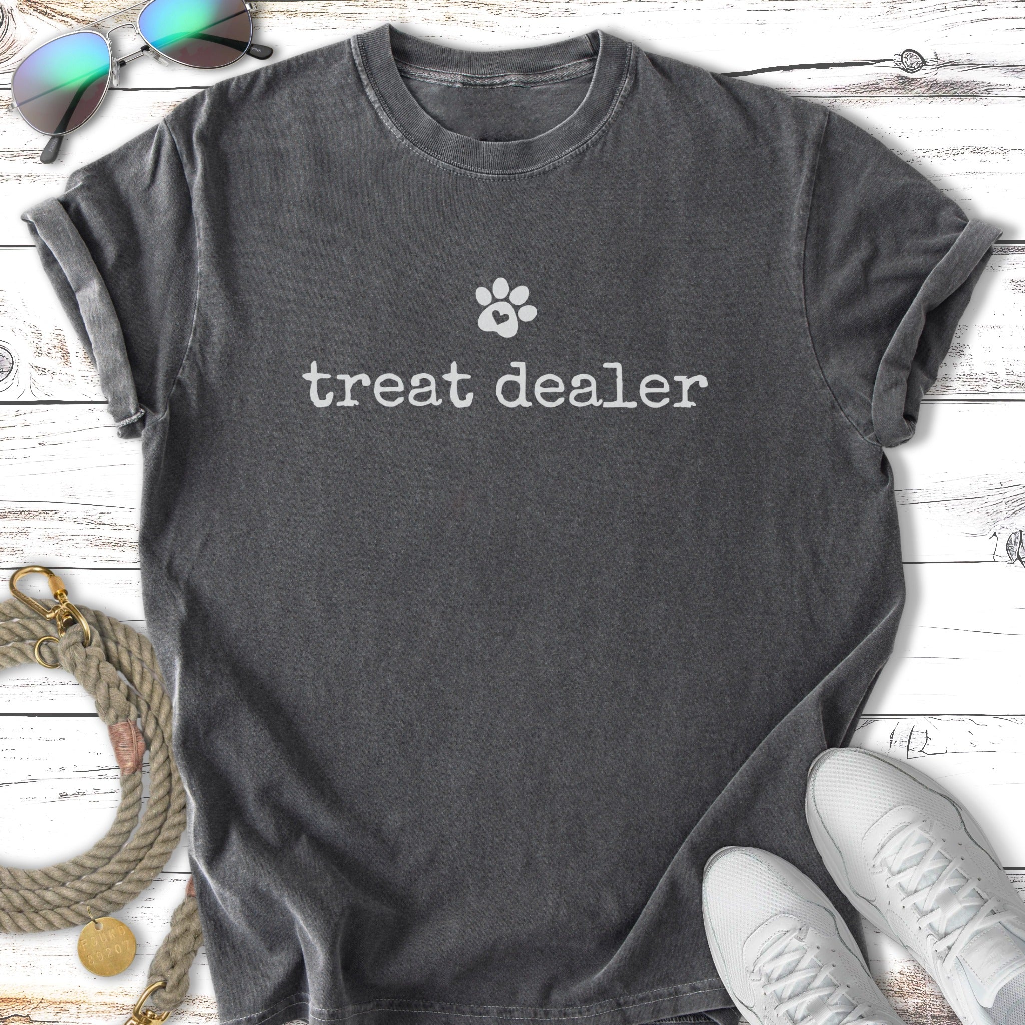 Dark gray t-shirt with "treat dealer" and a paw print graphic.