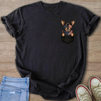 Black t-shirt with a chihuahua in sunglasses and bandana in chest pocket.