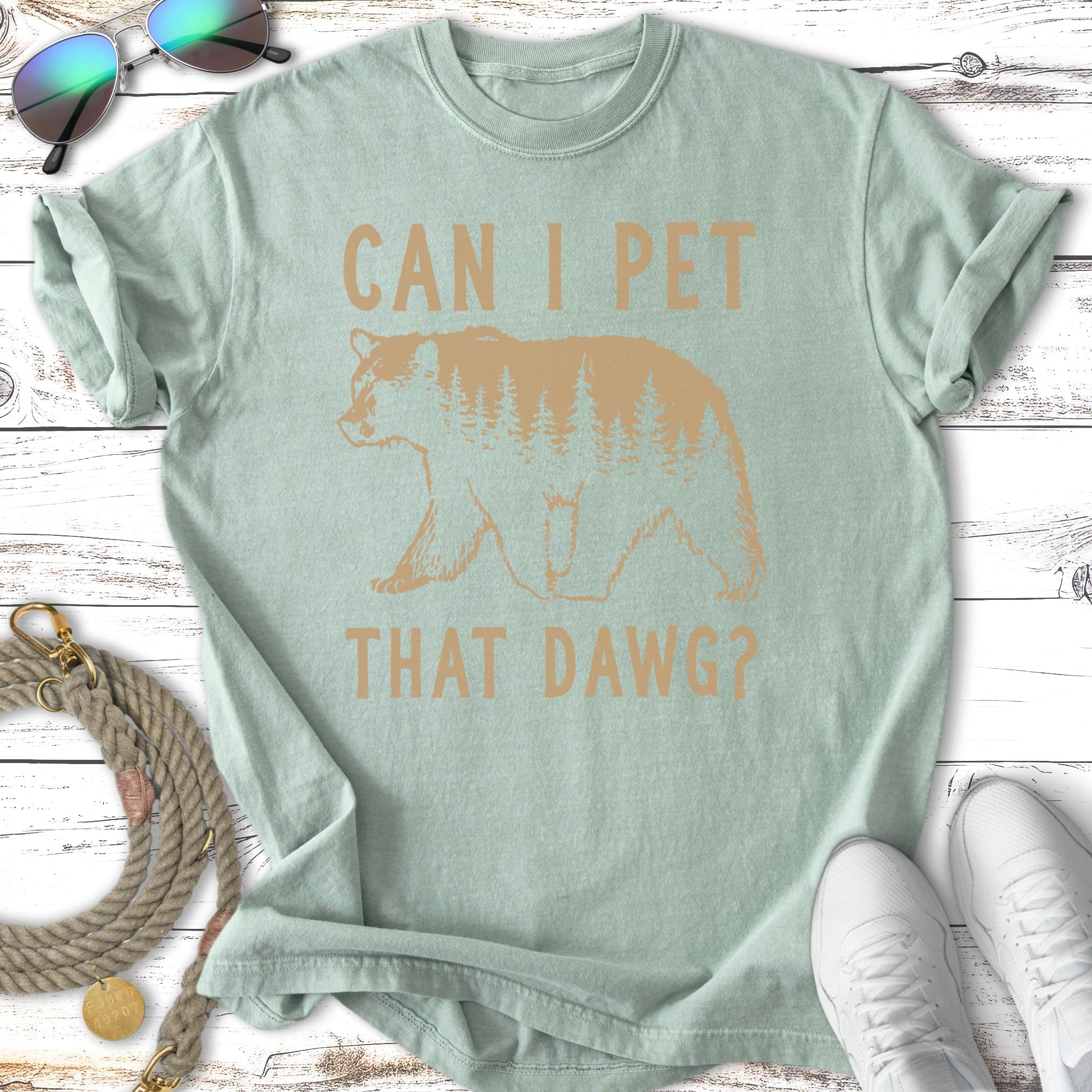 Pale green t-shirt with "CAN I PET THAT DAWG?" and bear graphic.