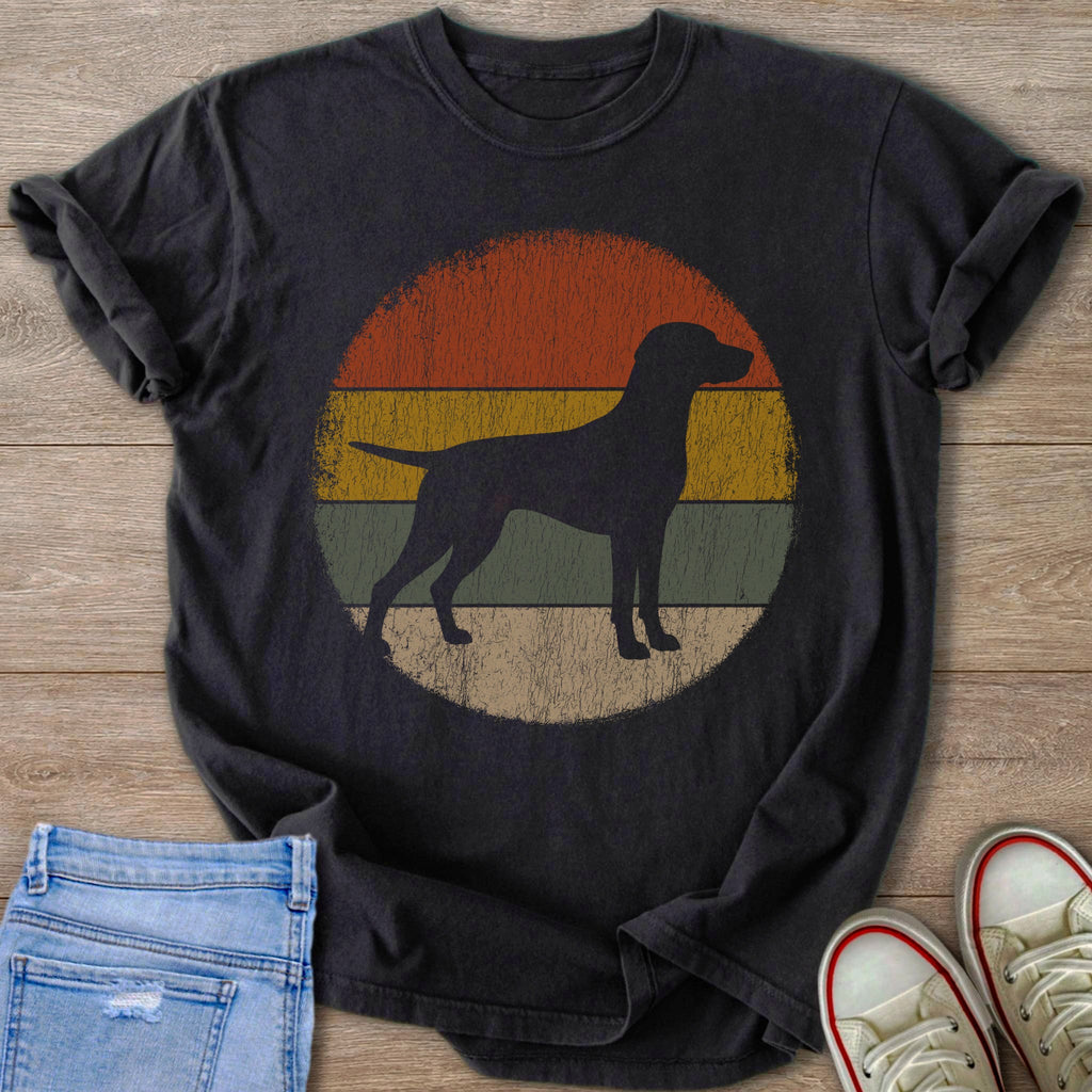 Dark t-shirt with distressed retro circle sunset dog silhouette graphic.