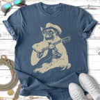 Pug wearing a cowboy hat playing an acoustic guitar.