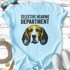 Light blue t-shirt with a beagle's face and "SELECTIVE HEARING DEPARTMENT" text.