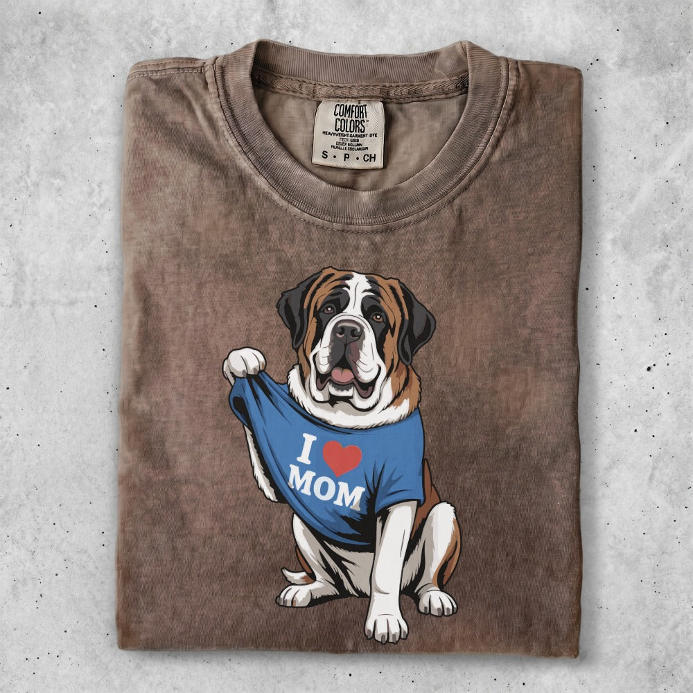 St. Bernard dog wearing an "I ❤️ Mom" shirt.