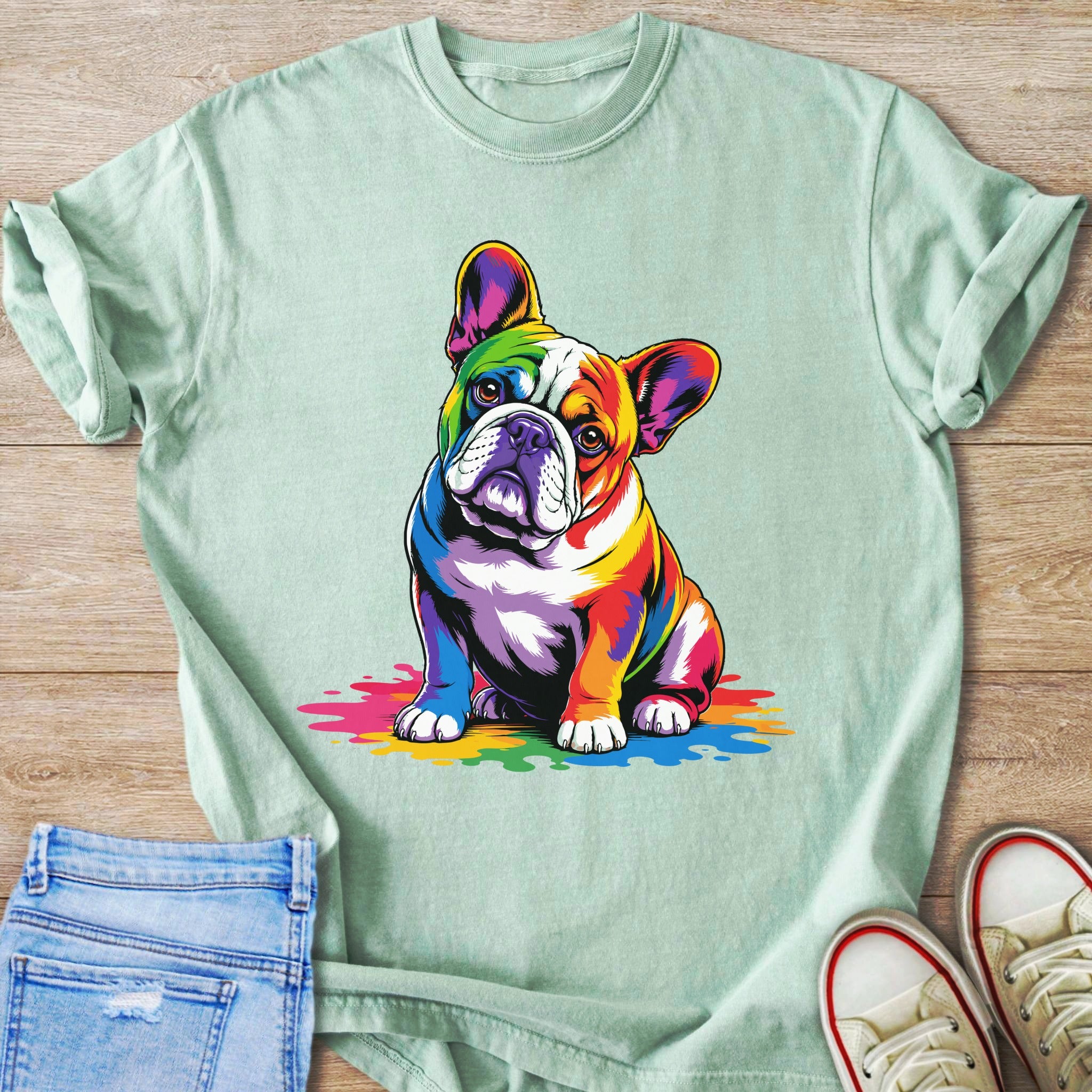 French bulldog with rainbow-colored fur sitting on colorful splatters.