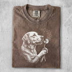 Brown t-shirt with white graphic of a dog and a dandelion.