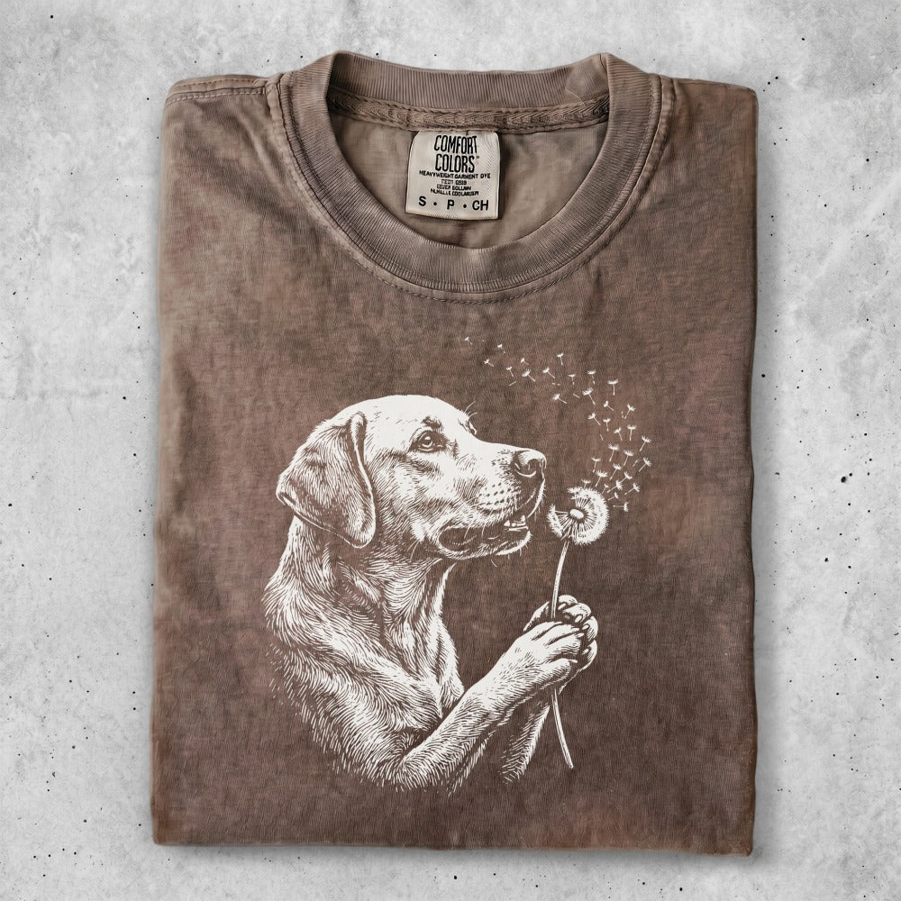 Brown t-shirt with white graphic of a dog and a dandelion.