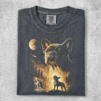 French bulldog on a rock with a waterfall, moon, and shooting star.