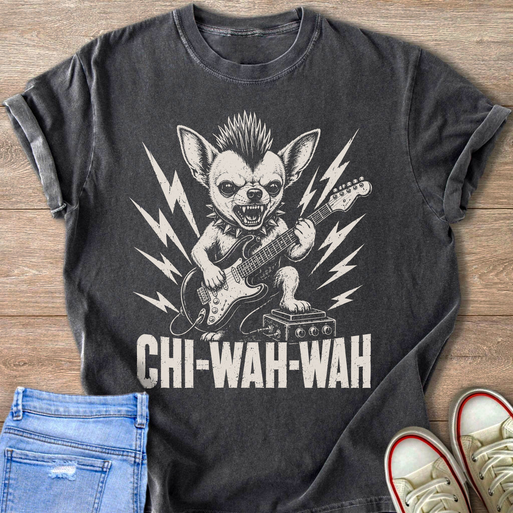 Chihuahua with mohawk playing guitar with text CHI-WAH-WAH.