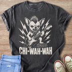 Chihuahua with mohawk playing guitar with text CHI-WAH-WAH.