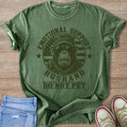 Green t-shirt with monkey wearing sunglasses and text: Emotional support husband do not pet.