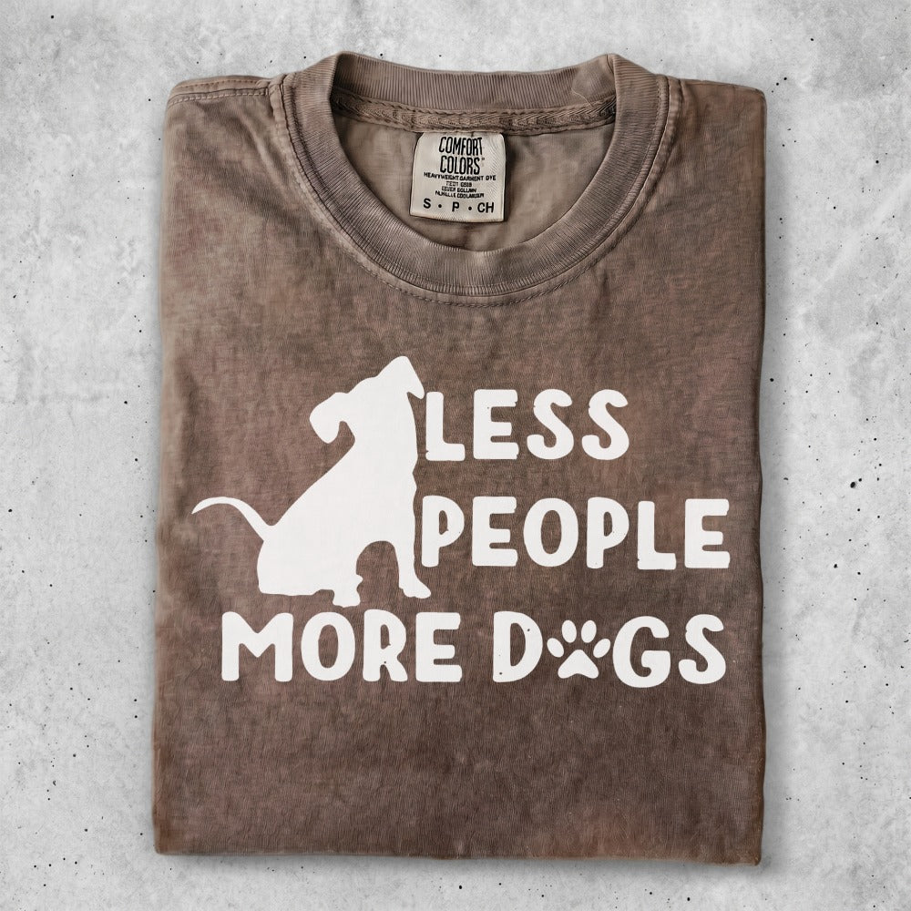 Brown t-shirt with "Less People More Dogs" graphic and sitting dog silhouette.