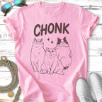 Pink t-shirt with "CHONK" text and three stylized cats.