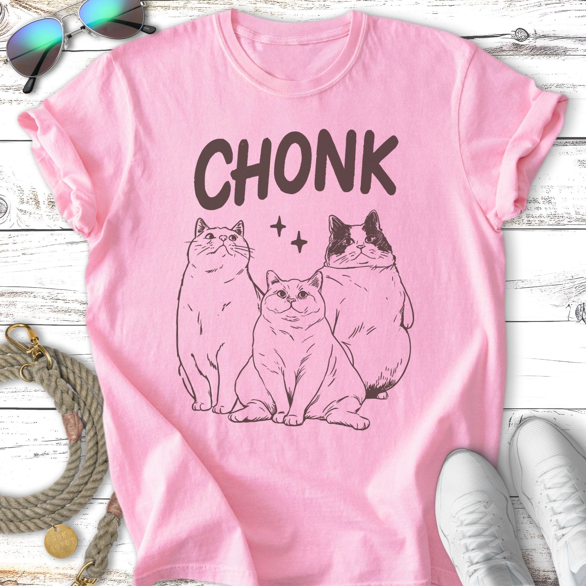 Pink t-shirt with "CHONK" text and three stylized cats.