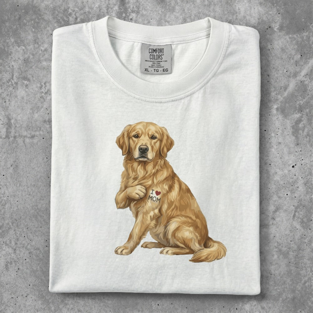 Golden retriever with "I love MOM" tattoo on chest, on a white t-shirt.