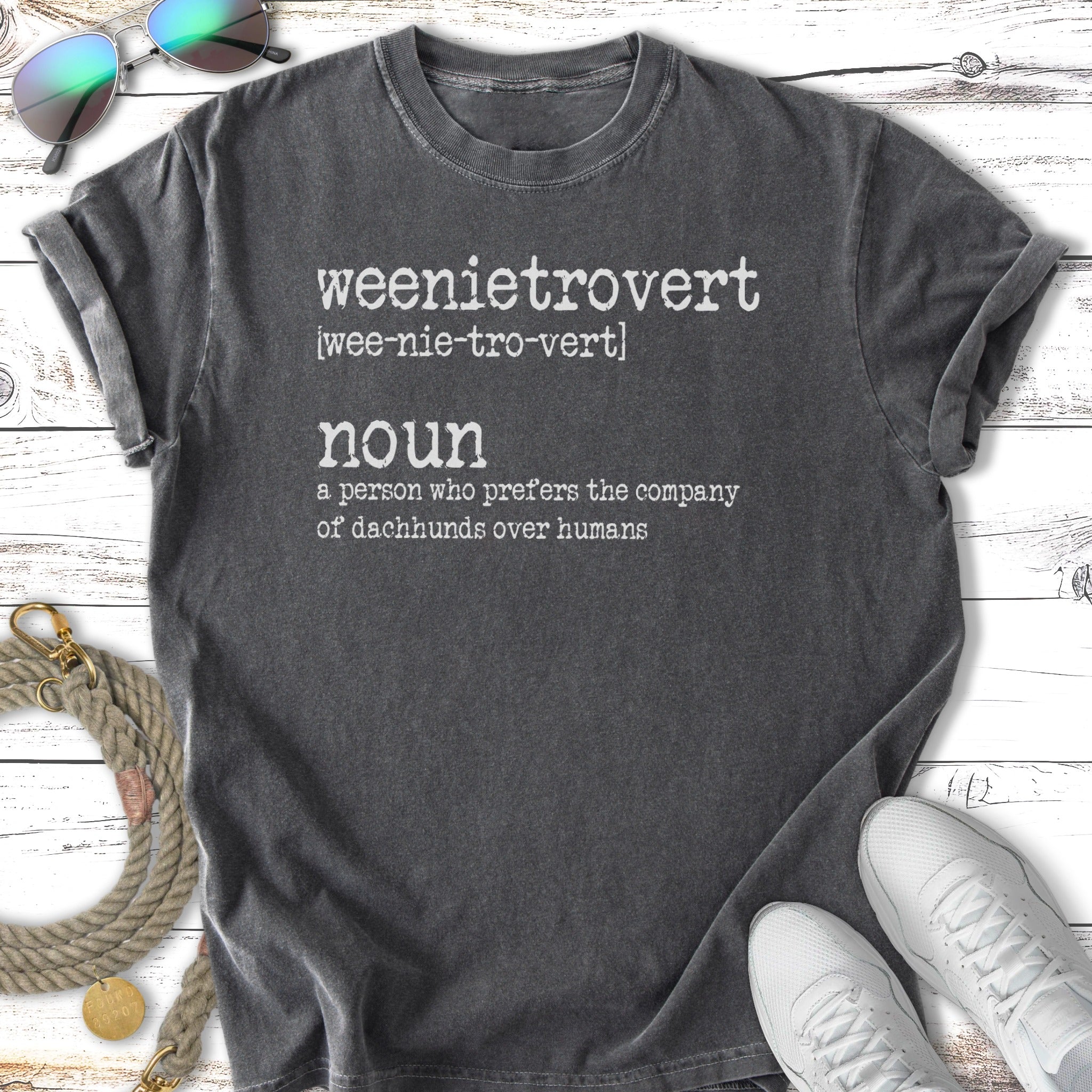 T-shirt with "weenietrovert" definition and illustration of a Dachshund.