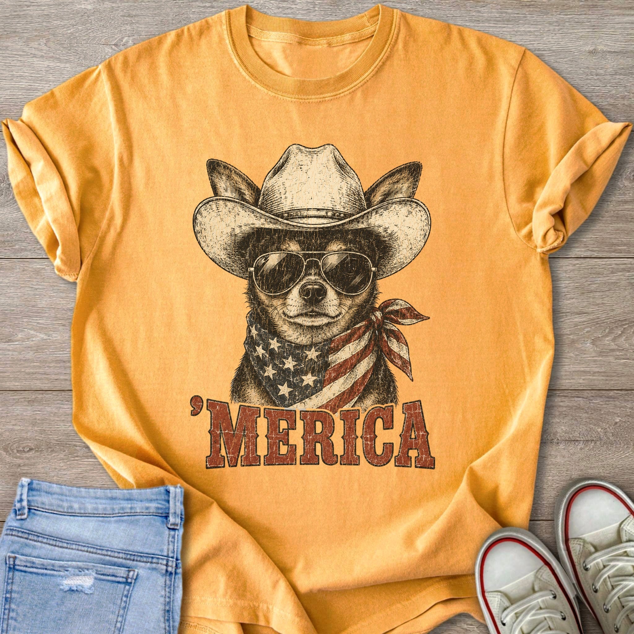 Chihuahua in cowboy hat and sunglasses with American flag bandana on yellow t-shirt.