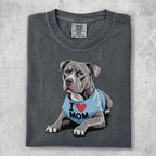 Gray t-shirt with "I ❤️ MOM" text and a Pitbull wearing a blue shirt.