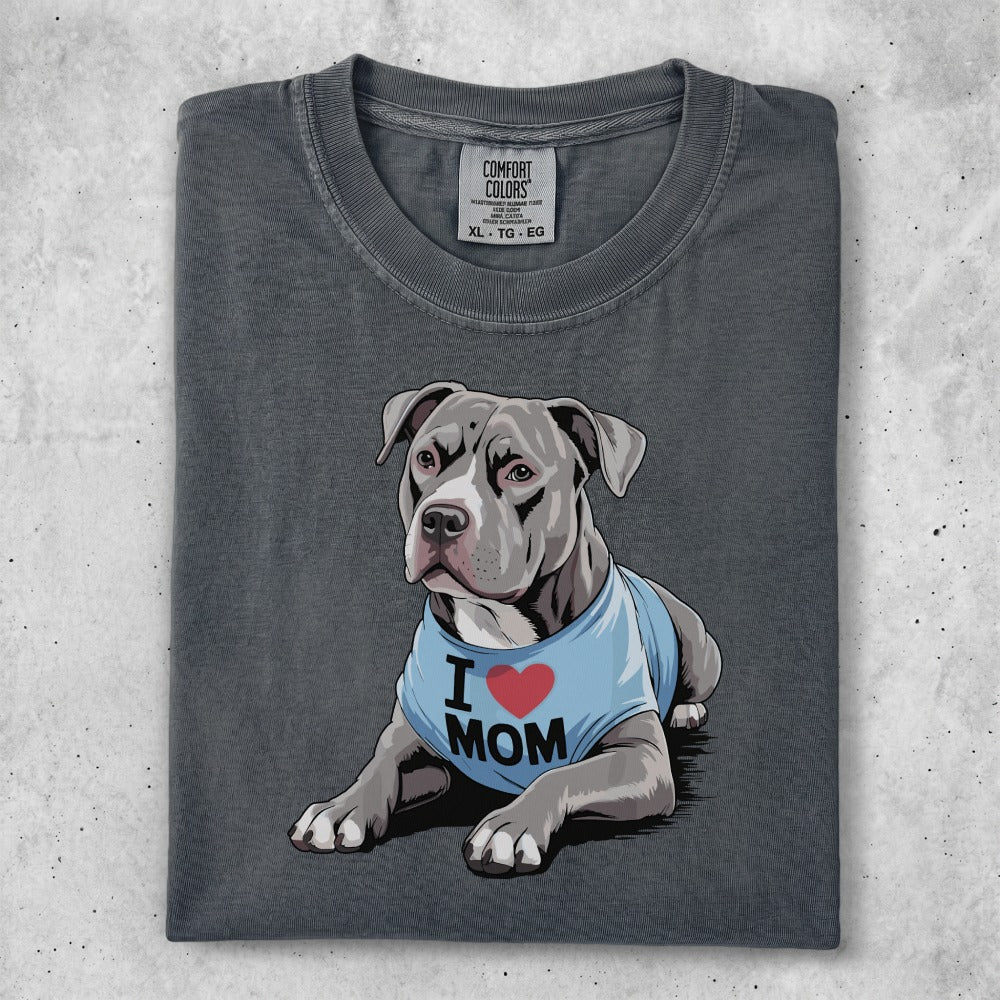 Gray t-shirt with "I ❤️ MOM" text and a Pitbull wearing a blue shirt.